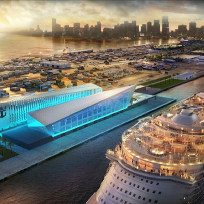 A rendering of the cruise ship terminal at sunset.