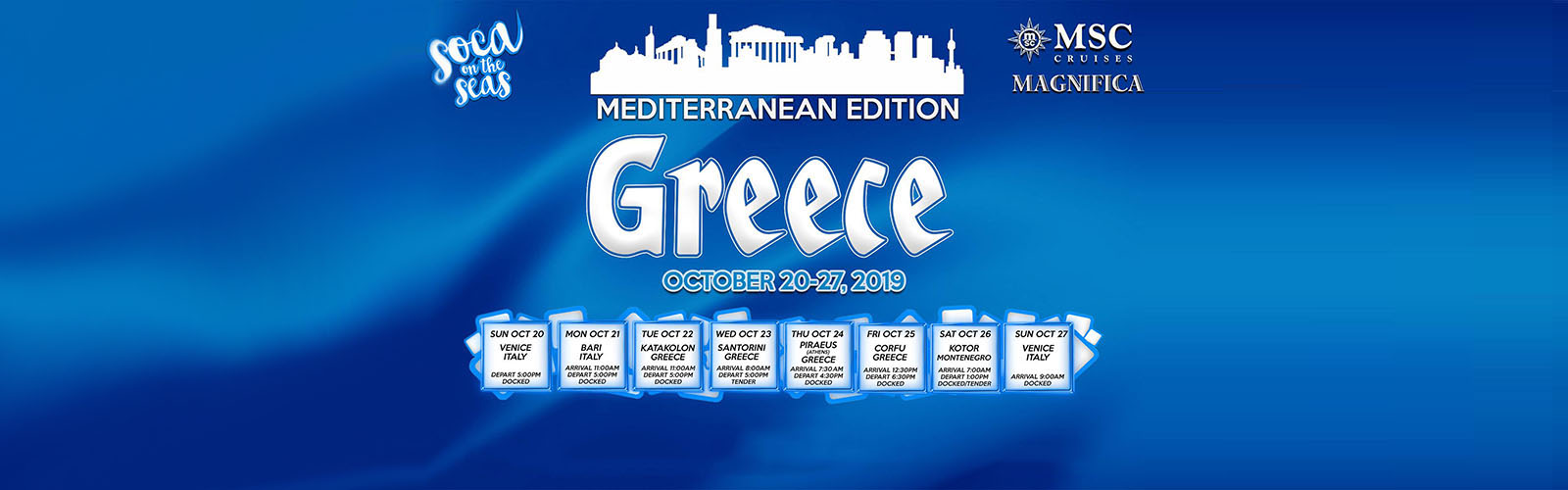 A blue banner with the greek city name and date of event.