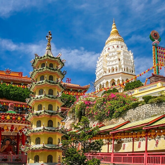 A pagoda and other buildings in the background.