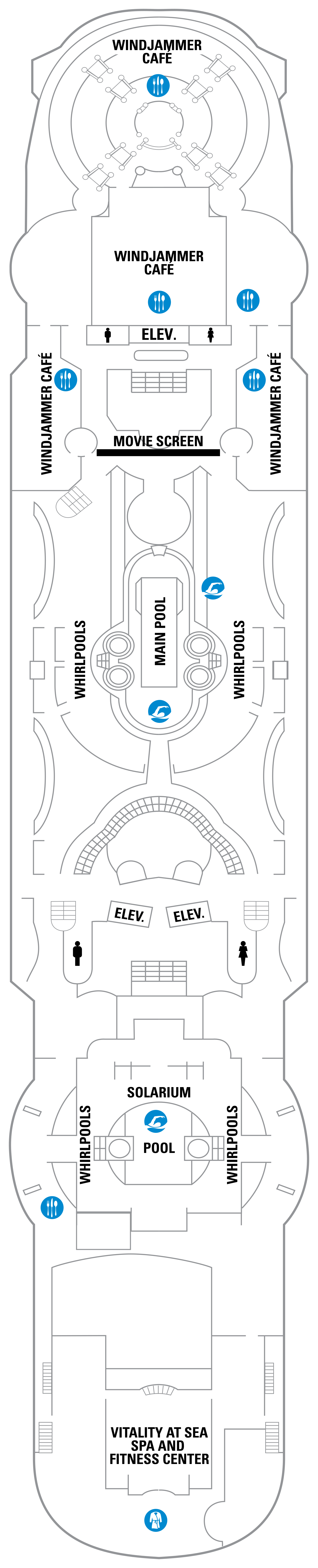 A cruise ship deck plan with a lot of seating.