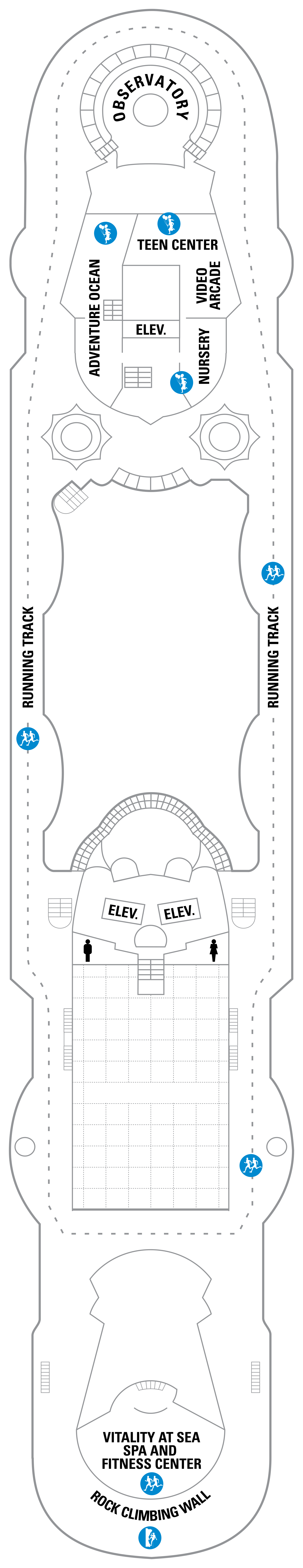 A cruise ship deck plan with the top of the deck marked 