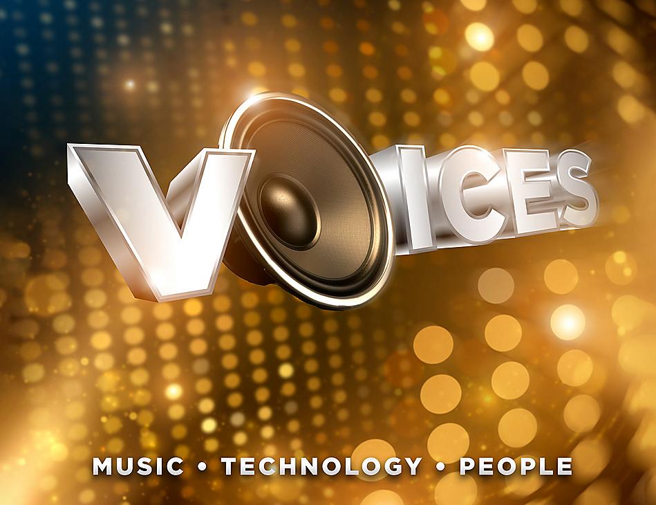 A gold background with the word voices and an image of speakers.