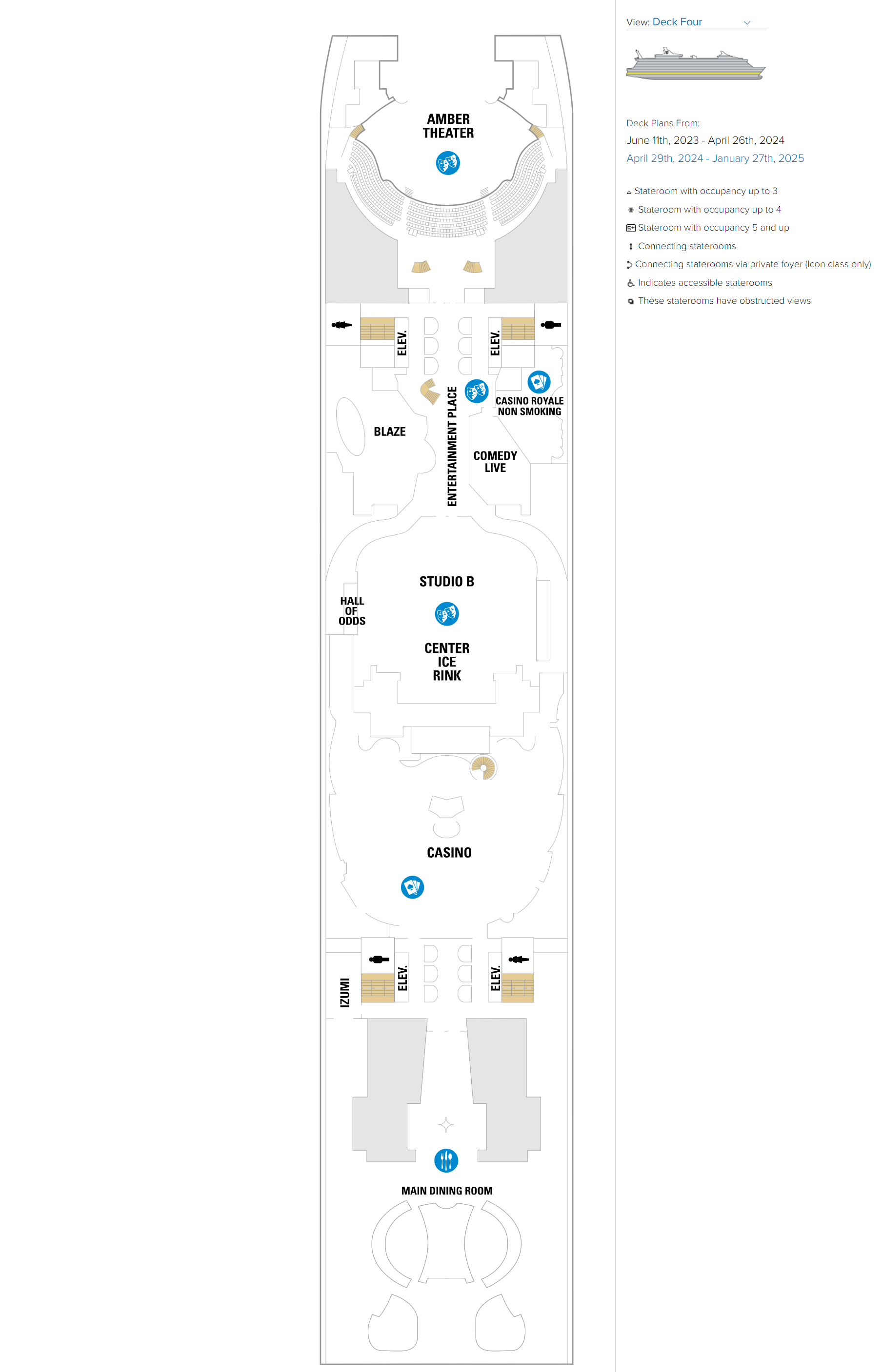 A floor plan of the deck of a cruise ship.