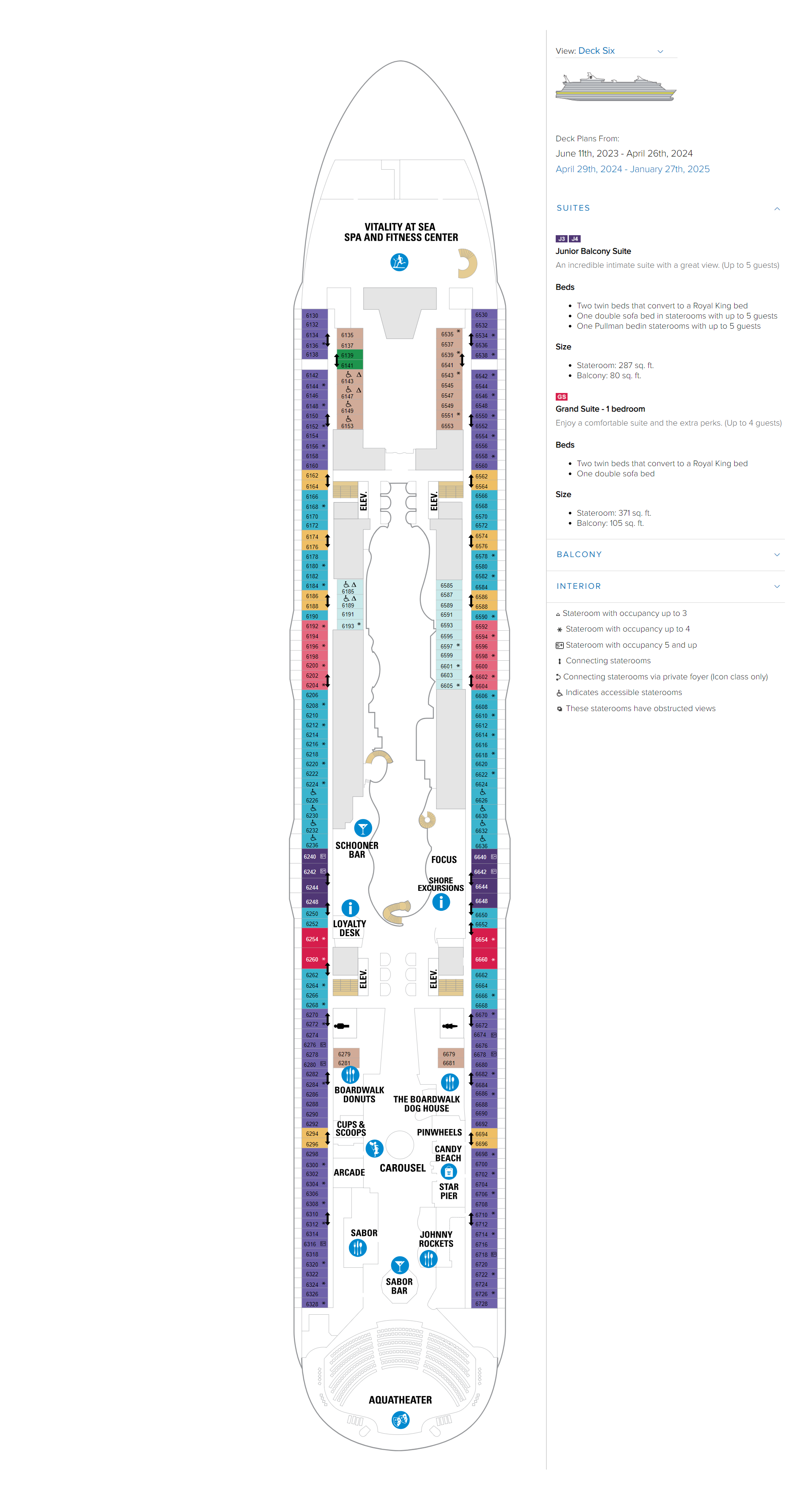 A map of the cruise ship with many different colors.